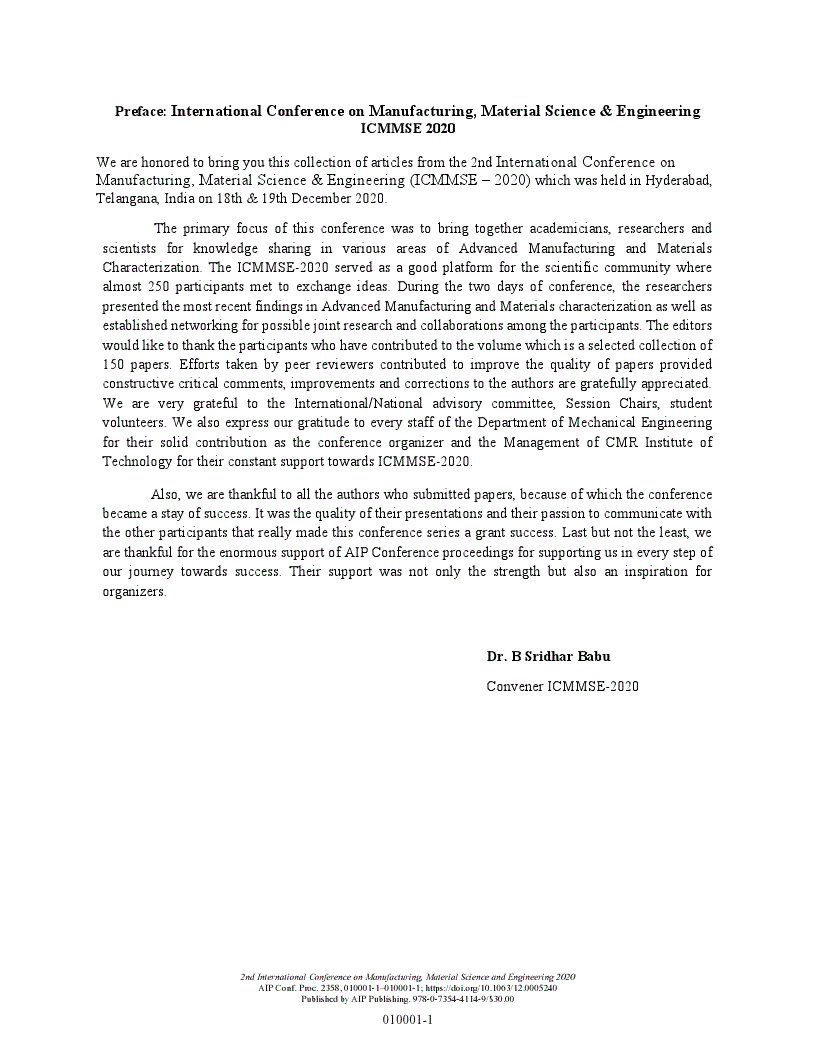 First page of Preface: International Conference on Manufacturing, Material Science &amp; Engineering ICMMSE 2020