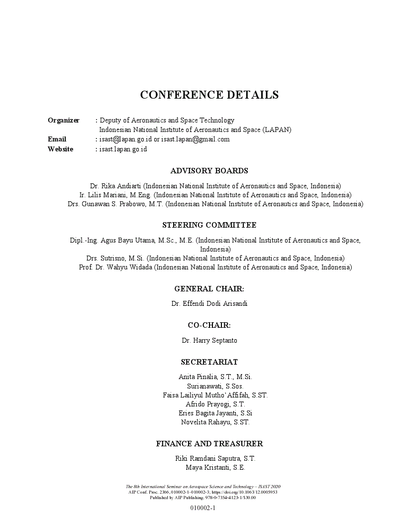 First page of Conference Details: The 8th International Seminar on Aerospace Science and Technology – ISAST 2020