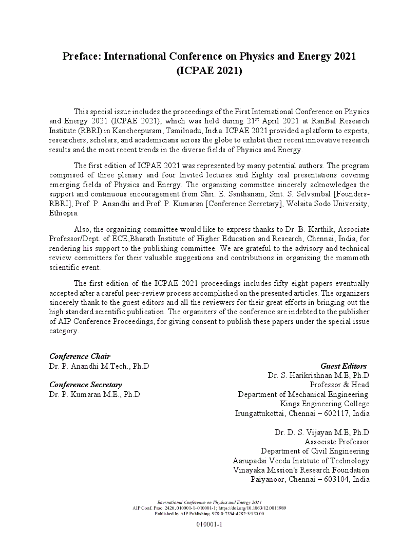First page of Preface: International Conference on Physics and Energy 2021 (ICPAE 2021)