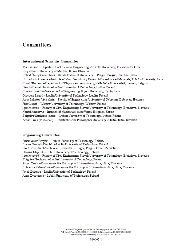 First page of Committees: Central European Symposium on Thermophysics 2021 (CEST 2021)