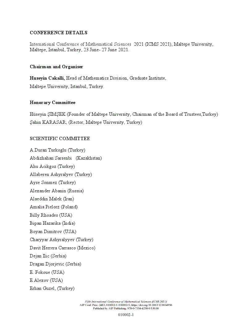 First page of Conference Details: Fifth International Conference of Mathematical Sciences (ICMS 2021) Maltepe University, Istanbul-Turkey