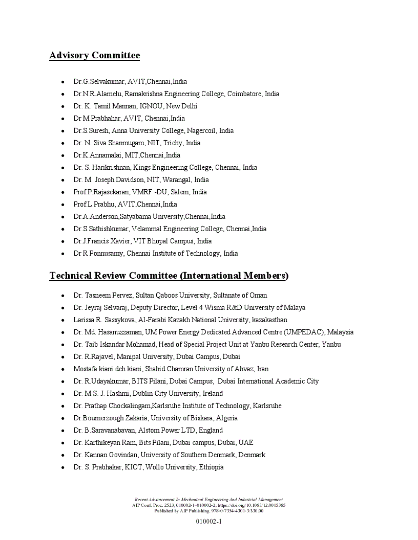 First page of Committees: 4th International e-Conference on Recent Advancement in Mechanical Engineering and Technology (ICRAMET 2021)