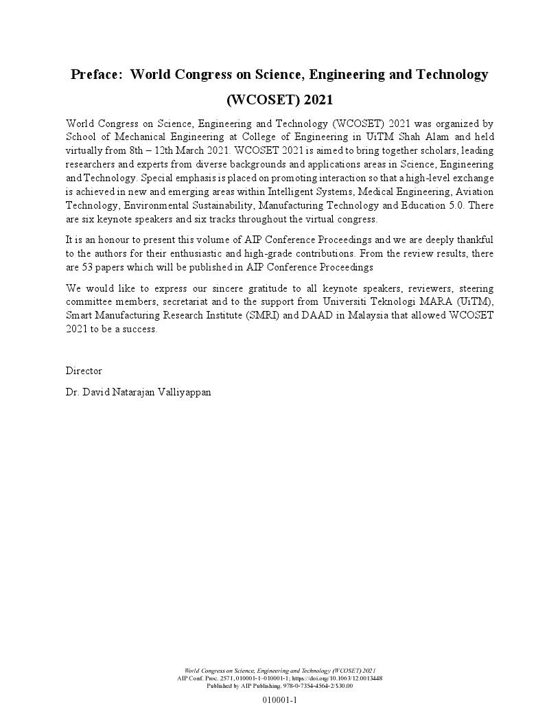 First page of Preface: World Congress on Science, Engineering and Technology (WCOSET) 2021