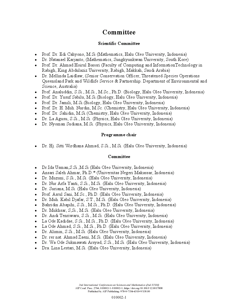 First page of Committees: 2nd International Conferences on Sciences and Mathematics (2nd ICSM)
