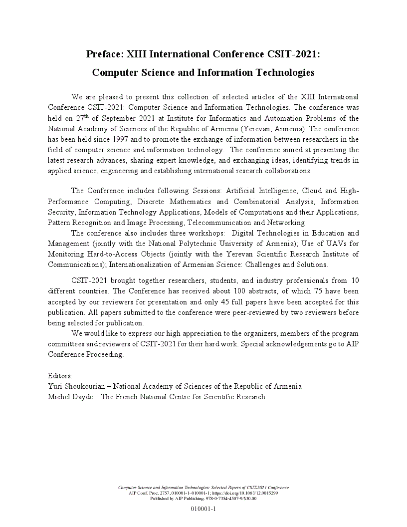 First page of Preface: XIII International Conference CSIT-2021: Computer Science and Information Technologies