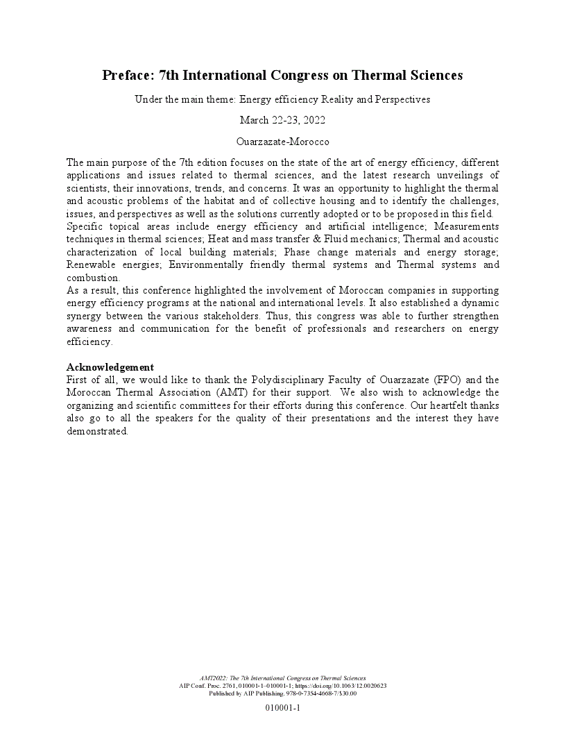 First page of Preface: 7th International Congress on Thermal Sciences