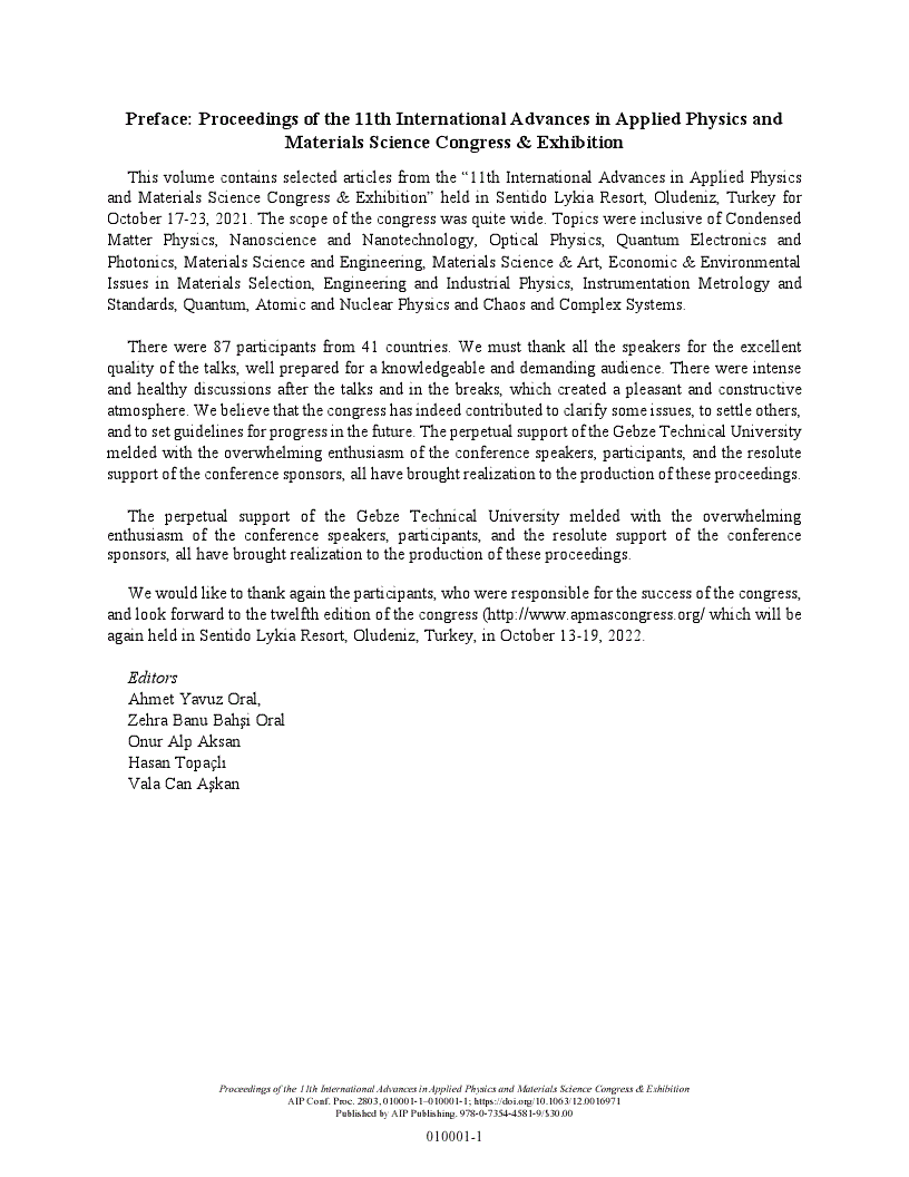First page of Preface: Proceedings of the 11th International Advances in Applied Physics and Materials Science Congress &amp; Exhibition