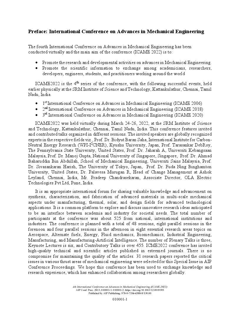 First page of Preface: International Conference on Advances in Mechanical Engineering