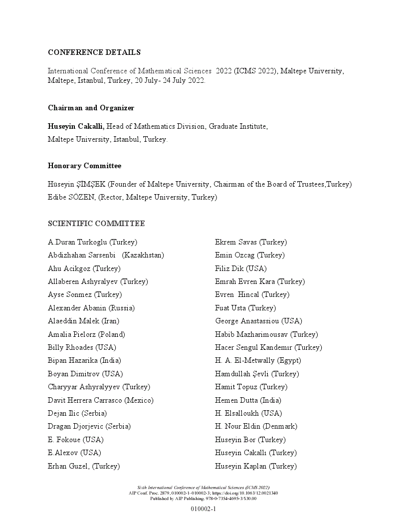 First page of Committees: Sixth International Conference of Mathematical Sciences (ICMS 2022)