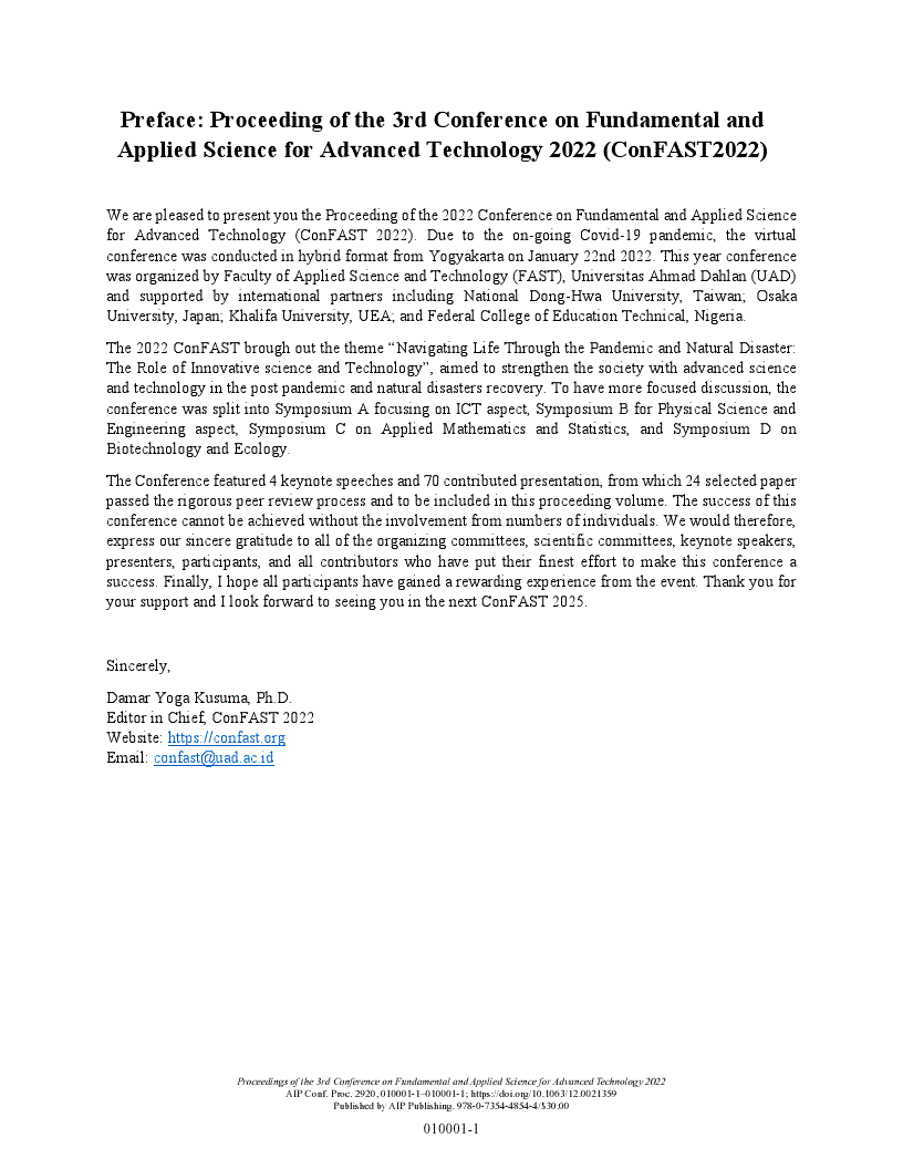 First page of Preface: Proceeding of the 3rd Conference on Fundamental and Applied Science for Advanced Technology 2022 (ConFAST2022)