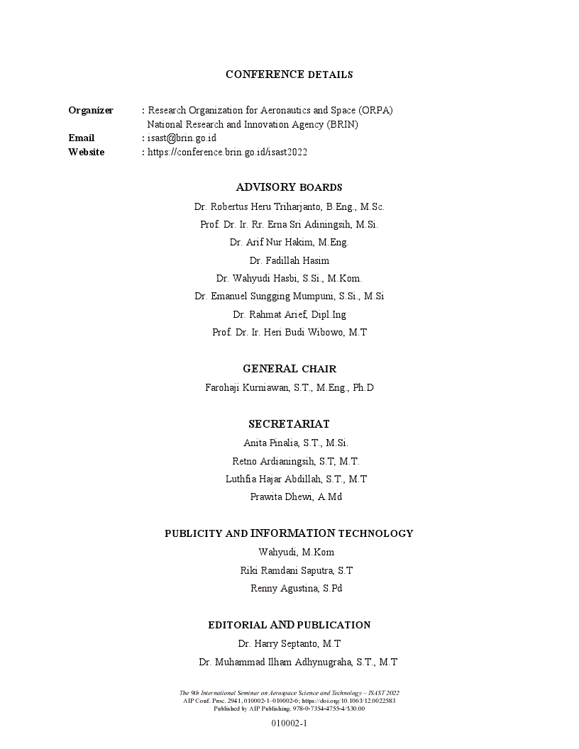 First page of Conference Details: The 9th International Seminar on Aerospace Science and Technology – ISAST 2022