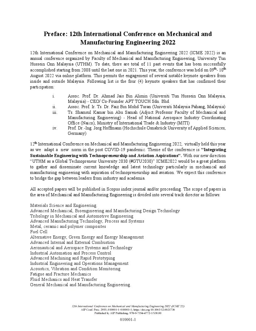 First page of Preface: 12th International Conference on Mechanical and Manufacturing Engineering 2022