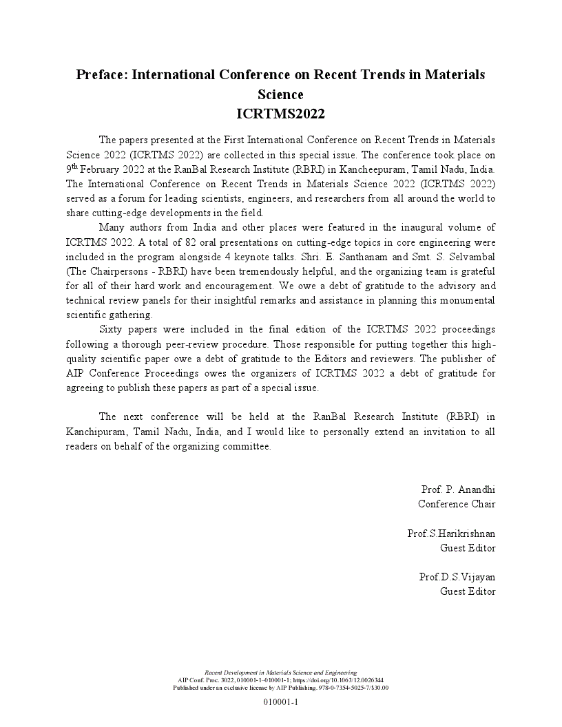 First page of Preface: International Conference on Recent Trends in Materials Science ICRTMS2022