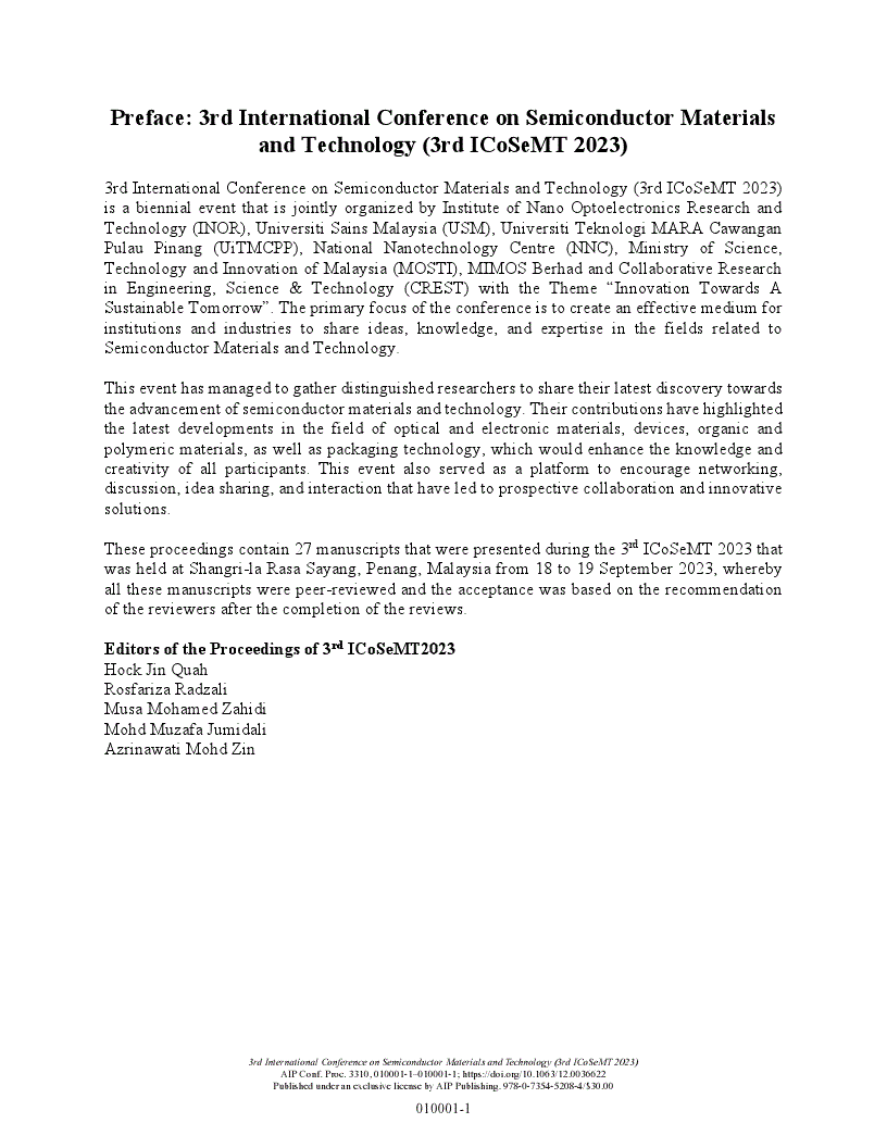 First page of Preface: 3rd International Conference on Semiconductor Materials and Technology (3rd ICoSeMT 2023)