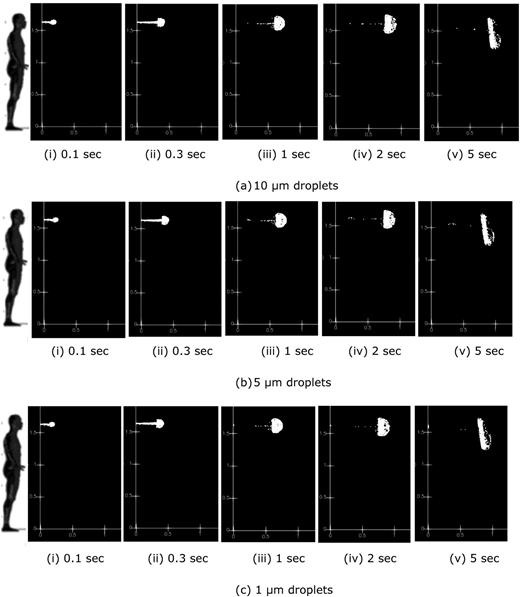 FIG. 2. Saliva aerosol trajectories from a single cough: (a) 10 µm droplets, (b) 5 µm droplets, and (c) 1 µm droplets. Multimedia view: https://doi.org/10.1063/5.0042952.1
