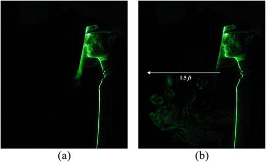 FIG. 10. Leakage of respiratory secretions from the face shield at (a) t = 1 s and (b) t = 6 s during breathing for E:I = 1:2.