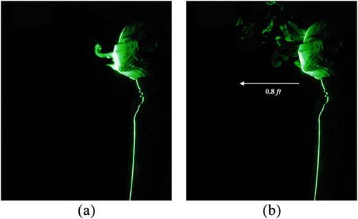 FIG. 11. Leakage of respiratory jets from a surgical mask at (a) t = 2 s and (b) t = 5 s during breathing for E:I = 1:1.