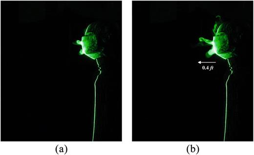 FIG. 12. Leakage of respiratory jets from a surgical mask at (a) t = 1 s and (b) t = 2 s during breathing for E:I = 1:2.