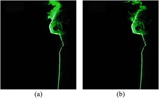 FIG. 16. Leakage of respiratory jets from an N95 mask at (a) t = 2 s and (b) t = 4 s during breathing for E:I = 1:1.