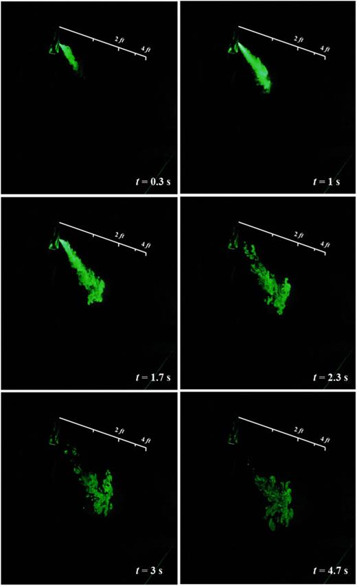 FIG. 5. Reach of the turbulent jet and droplet for E:I = 1:2.
