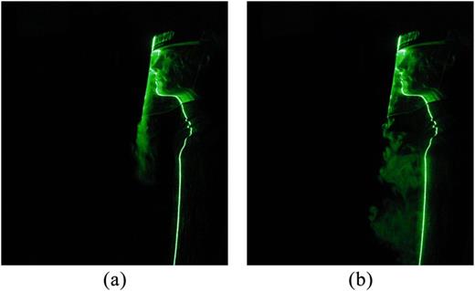 FIG. 9. Leakage of respiratory secretions from the face shield at (a) t = 1 s and (b) t = 2 s during breathing for E:I = 1:1.