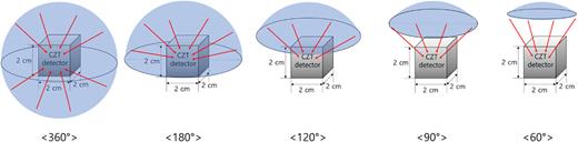 FIG. 3. Schematic of the CZT single volume detector and source distribution with full and limited FOV.