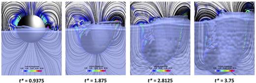 FIG. 11. Vorticity and streamline visualizations of a submerging sphere with asymmetric wetting at 1.5 m/s.