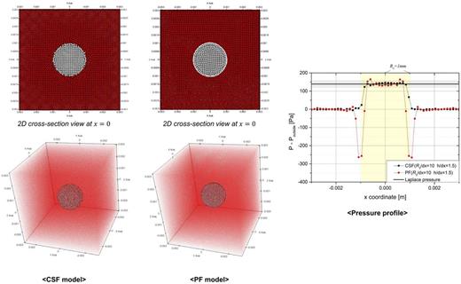 FIG. 2. The SPH 3D snapshots and 2D cross-sectional view of the particle distribution and pressure profile of droplets (R0 = 1.0 mm) at the equilibrium state using different surface tension models.