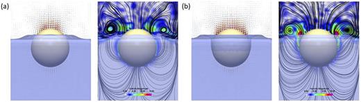 FIG. 8. Vorticity and streamline visualizations of (a) a submerging hydrophilic sphere (θ = 0°) at 1.5 m/s and (b) a submerging hydrophobic sphere (θ = 120°) at 1.5 m/s (t* = 1.5).
