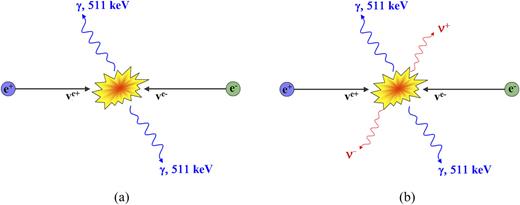 FIG. 1. Diagrammatic representation of the positron–electron annihilation process. (a) Standard positron–electron annihilation process that produces two 511 keV gamma photons only and (b) positron–electron annihilation process that produces two 511 keV gamma photons and two additional low energy photons from information erasure.