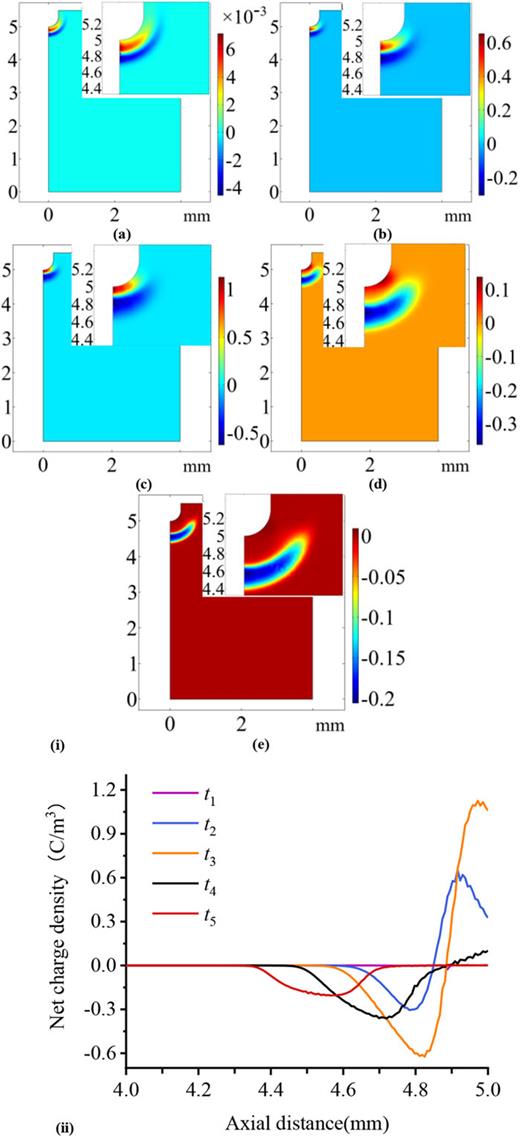 FIG. 7. Distributions of net charge density (unit: C/m3) at typical moments. Note: The abscissa 0 mm in Fig. 5 (ii) is point b in Fig. 1 and 5 mm is point a in Fig. 1. (The same below.) (i) Distributions over the axial cross section: (a) t1, (b) t2, (c) t3, (d) t4, and (e) t5. (ii) Distributions along the axis.