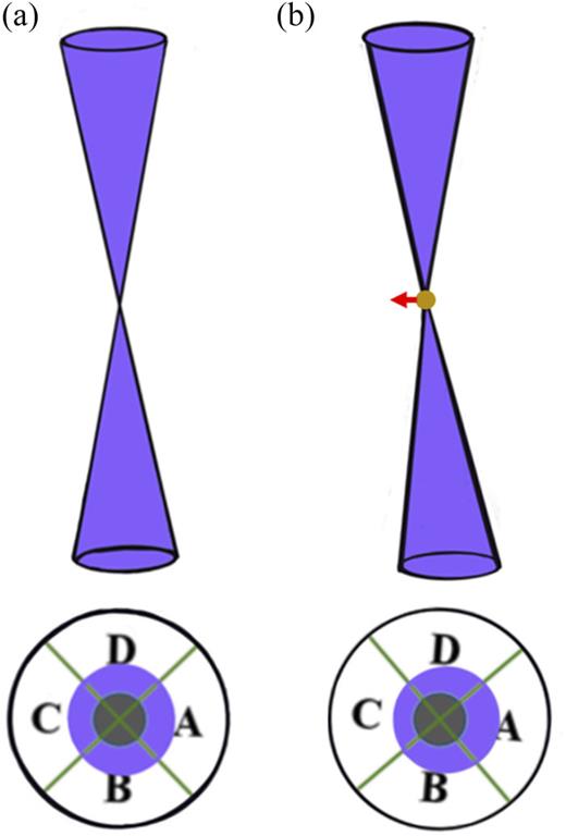 FIG. 2. Schematic diagram of the STEM DPC setup. (a) Electrons pass through vacuum and (b) electrons pass through an electric field to the left.