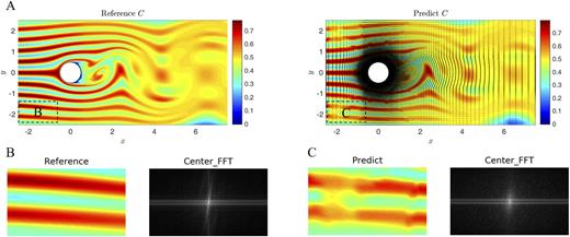 FIG. 11. (a): Left: Reference concentration field under the Dirichlet boundary condition; Right: Superposition of concentration field predicted by the GAFM and grid node distribution of field data under the Dirichlet boundary condition; (b): Left: Reference concentration field in the bottom-left corner of the flow domain under the Dirichlet boundary condition; Right: Center-transformed Fourier frequency spectrum of the reference concentration field in the bottom-left corner of the flow domain under the Dirichlet boundary condition; (c): Left: GAFM-predicted concentration field in the bottom-left corner of the flow domain under the Dirichlet boundary condition; Right: Center-transformed Fourier frequency spectrum of the GAFM-predicted concentration field in the bottom left corner of the flow domain under the Dirichlet boundary condition.