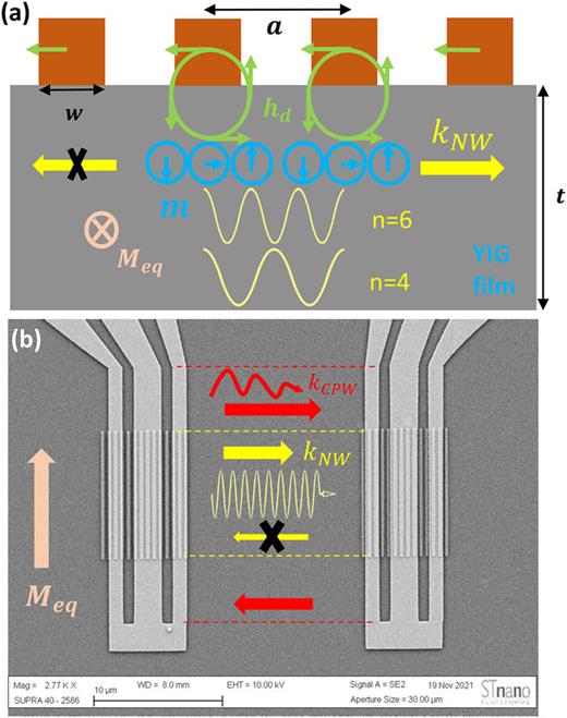 FIG. 1. (a) Sketch of the NWA-FMR mediated chiral coupling mechanism. (b) SEM image of device I, w = 300 nm width and a = 500 nm lattice constant of Ni80Fe20 NWA grown on top of 55 nm thick YIG film, 80 nm Au-antennas grown on top of YIG|Ni80Fe20. Red and Yellow color represent respectively antenna (kCPW) and Ni80Fe20 NWA (kNW) excite mode.