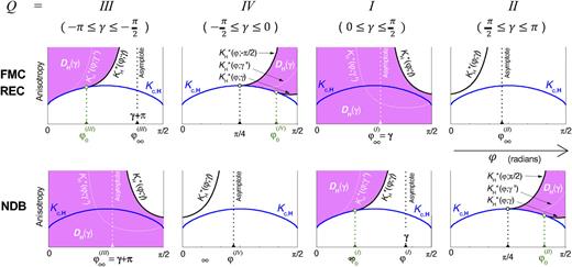 The magenta regions represent the DH(γ) integration domains of the PH(b,Q) cumulative distribution functions [Eq. (13a)], for the three “b” branches (FMC, REC, and NDB) reported in Fig. 1(c), and the four Q quadrants. Note that when Q = II in FMC and REC, and Q = IV in NDB, no DH domain appears, according to the fact that, in these conditions, the local J⃗s cannot find any stable equilibrium orientation. In Q = IV of FMC and REC, and in Q = II of NDB, the top-left DH border is correspondingly given by the function KH*(φ;∓π/2) = |H|Js/sin(2φ) [Eq. (8) with γ′ = ∓π/2], with asymptotes φ = π/2 in both cases. Observe the thin white curves KH*(φ;γ′), whose evolution from γlow′ to γ (thick black curves) devises the DH(γ) regions.