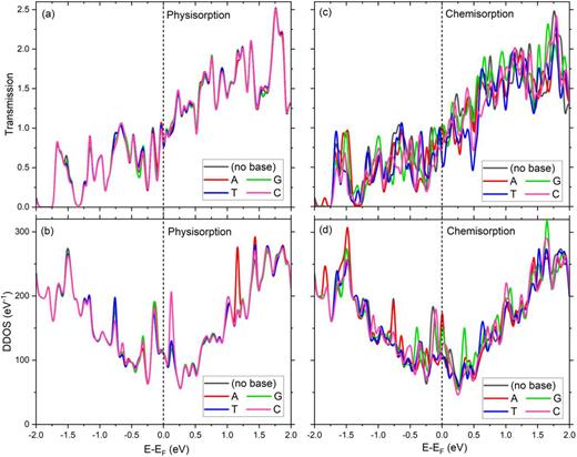 Transmission and device density of states (DDOS) of the Ti3C2 device structures with and without a base for (a) and (b) physisorption and for (c) and (d) chemisorption interaction mechanisms.
