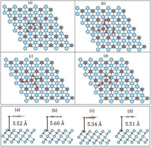 Top view and side view of equilibrium geometries of DNA nucleobases (a) A, (b) G, (c) T, and (d) C physisorbed on the Ti3C2 surface.