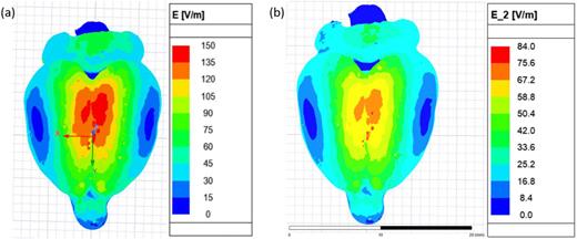 Top view simulation results of the PFC coil, with and without the pyrolytic graphite diamagnetic plate. a) Demonstrates relatively good focality achieved by the PFC coil, while b) shows further enhanced focality achived by incorporating a molded diamagnetic plate.