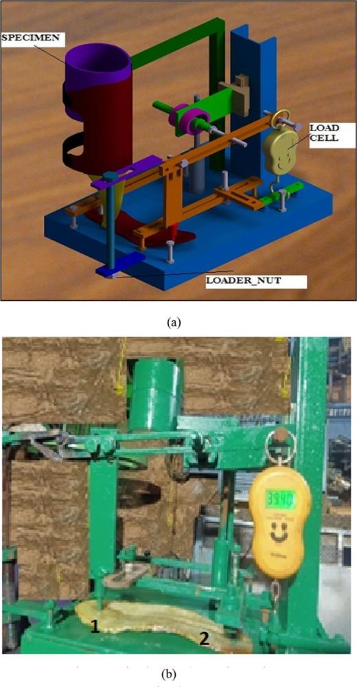 Simulated and actual test rig. (a) Simulated setup of carbon fiber PFO footplate test rig. (b) Actual test rig to perform experiment on the carbon fiber PFO footplate.