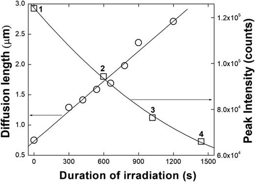 Dependence of minority carrier (electron) diffusion length (left vertical axis) and peak CL intensity from spectra 1–4 in Fig. 1 (right vertical axis) on the duration of electron beam irradiation at room temperature. Both EBIC and CL measurements were carried out in the same region subjected to electron beam irradiation.