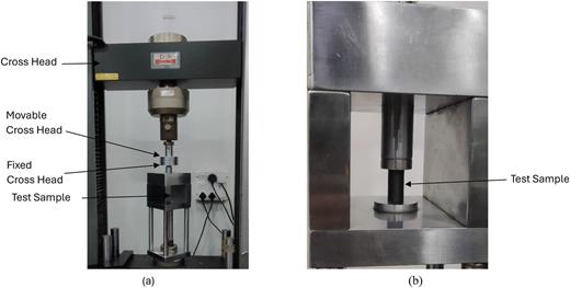(a) Universal testing machine setup. (b) CF/PETG sample during compression test.
