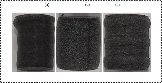 Sample after testing: (a) tri-hexagon infill pattern sample; (b) cubic infill pattern sample; (c) line infill pattern sample.