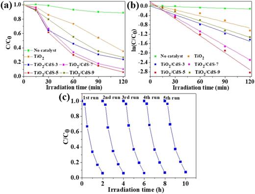 (a) Photocatalytic degradation of phenol on different samples under visible light irradiation; (b) kinetic fitting curve of ln(C/C0) vs irradiation time; (c) life cycle performance of TiO2/CdS-5 film.