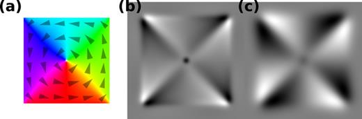 FIG. 20. (a) vortex magnetization in a 750 nm  ×  750 nm × 10 nm Permalloy square. (b), (c) are MuMax3-generated MFM images at 50 nm and 100 nm lift height respectively, both using AC mode and a monopole tip model. 