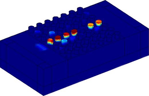 FIG. 7. Absolute value of the displacement field of the propagating wave through the defect-based waveguide at the operating frequency f1 of 1505 m⋅Hz. The red color corresponds to the higher absolute value of the displacement field. The blue color corresponds to a displacement equal to zero. 