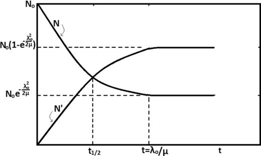 FIG. 6. The N = N(t) (relation 15) and N′ = N′(t) (relation 18) drawings are presented.