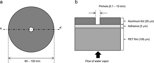 FIG. 2. Schematic of reference films; (a) top view (b) cross-section AA’ across the center of the pinhole. 
