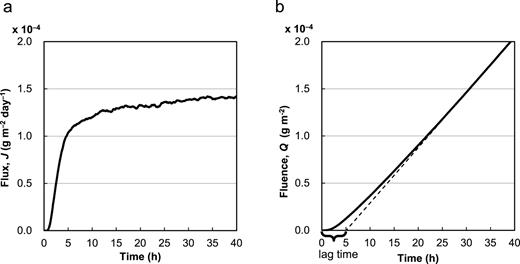 FIG. 7. (a) Representative time-dependent flux transmitted through a reference film of 0.23 mm by the API-MS(90) system. (b) The flux can be integrated over time to give the total mass, Q. The dashed line is a tangent line in the steady state. The lag time, L is defined as the intersection with the x-axis, and L = 5 h is obtained. 