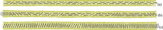 FIG. 13. The final snapshots of the dynamic simulation of encapsulation of coronene molecules into the SWCNTs of the length 300 Å. (a) is for the (17,0) SWCNT of the diameter 1.350 nm, (b) for the (10,10) SWCNT of the diameter 1.375 nm, and (c) for the (11,11) SWCNT of the diameter 1.513 nm.