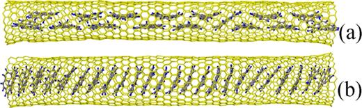 FIG. 14. The final snapshots of the dynamic simulation of encapsulation of coronene molecules into the SWCNTs of the length 100 Å. (a) is for the (17,0) SWCNT of the diameter 1.350 nm, whereas (b) for the (11,11) SWCNT of the diameter 1.513 nm.